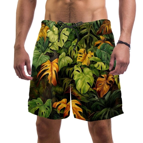 luoweisi Men's Beach Shorts Quick Dry Swim Trunks with Mesh Lining Tropical Leaves L