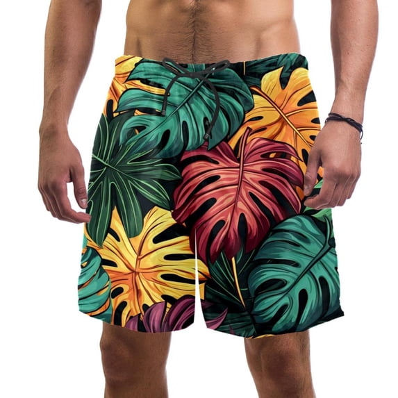 luoweisi Men's Beach Shorts Quick Dry Swim Trunks with Mesh Lining Tropical Leaves L