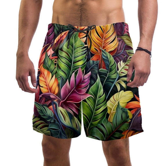 luoweisi Men's Beach Shorts Quick Dry Swim Trunks with Mesh Lining Tropical Leaves M