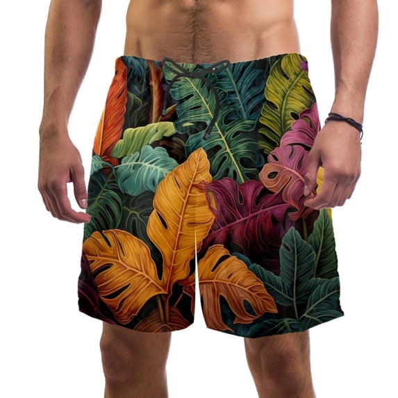 luoweisi Men's Beach Shorts Quick Dry Swim Trunks with Mesh Lining Tropical Leaves M