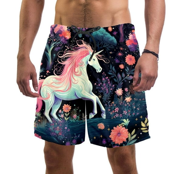 luoweisi Men's Beach Shorts Quick Dry Swim Trunks with Mesh Lining Unicorn S
