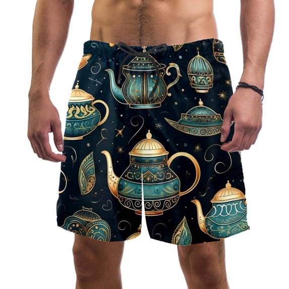 luoweisi Men's Beach Shorts Quick Dry Swim Trunks with Mesh Lining Vintage Teapot L