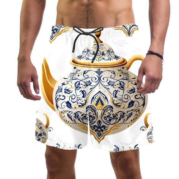 luoweisi Men's Beach Shorts Quick Dry Swim Trunks with Mesh Lining Vintage Teapot L