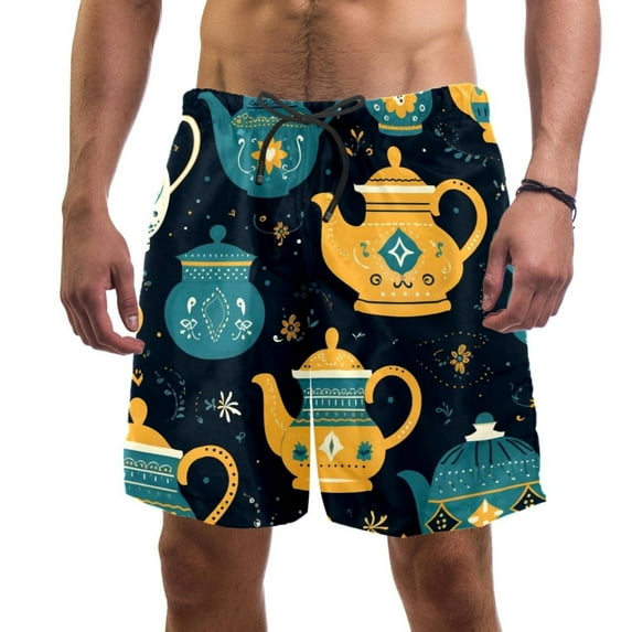 luoweisi Men's Beach Shorts Quick Dry Swim Trunks with Mesh Lining Vintage Teapot L