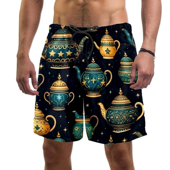 luoweisi Men's Beach Shorts Quick Dry Swim Trunks with Mesh Lining Vintage Teapot L