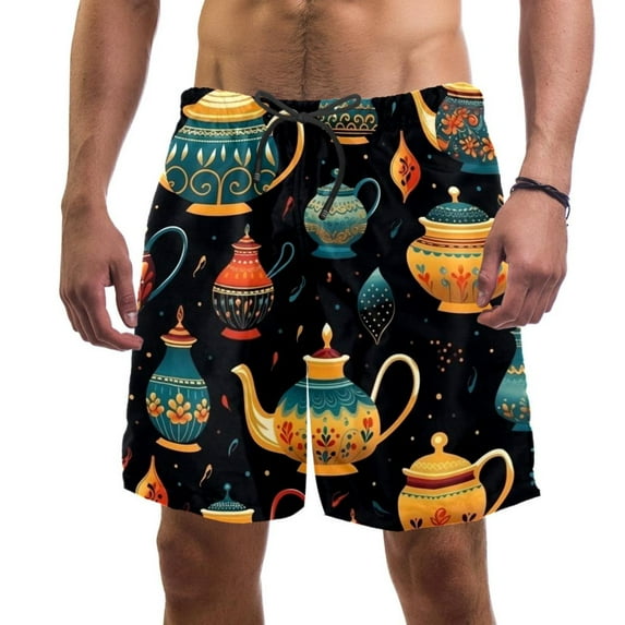 luoweisi Men's Beach Shorts Quick Dry Swim Trunks with Mesh Lining Vintage Teapot L