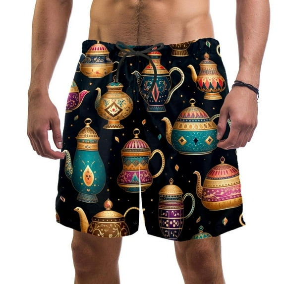 luoweisi Men's Beach Shorts Quick Dry Swim Trunks with Mesh Lining Vintage Teapot L