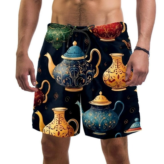 luoweisi Men's Beach Shorts Quick Dry Swim Trunks with Mesh Lining Vintage Teapot M