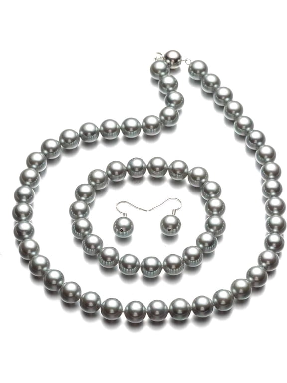 Fashion Style Pearl Elastic Necklace Bracelet Dangle Earring Set-Grey(09000649-4)