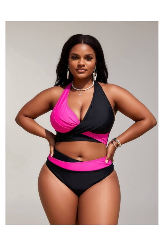 Plus Size Women's Black and Hot Pink Color Block Halter Neck Twist Front High Waisted Bikini Set