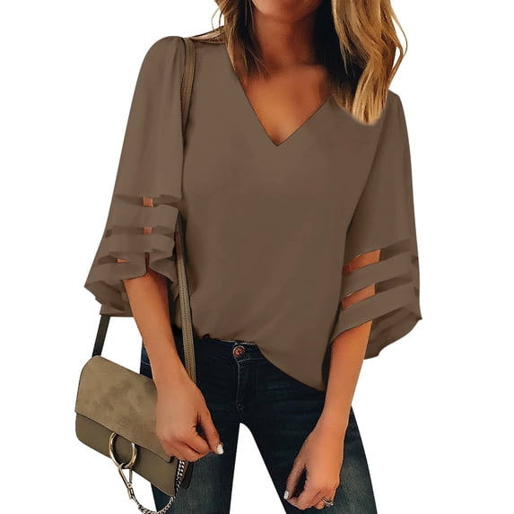 luvamia Casual Shirts for Women 3/4 Bell Sleeve Mesh Panel V Neck Tops Size L Partrige