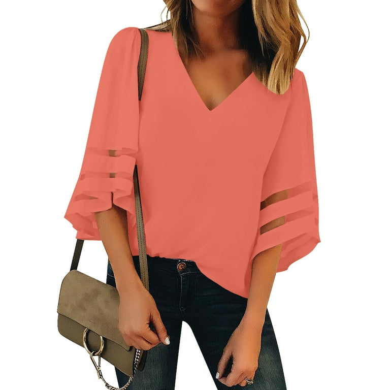 luvamia Coral Tops for Women Summer 3/4 Flowy Sleeves V Neck