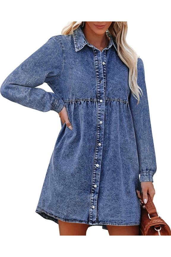 Denim Dress for Women Babydoll Long Sleeve Shirt Sleeve Mini Dresses Loose Flowy Dress Size M Fit Size 8 Size 10