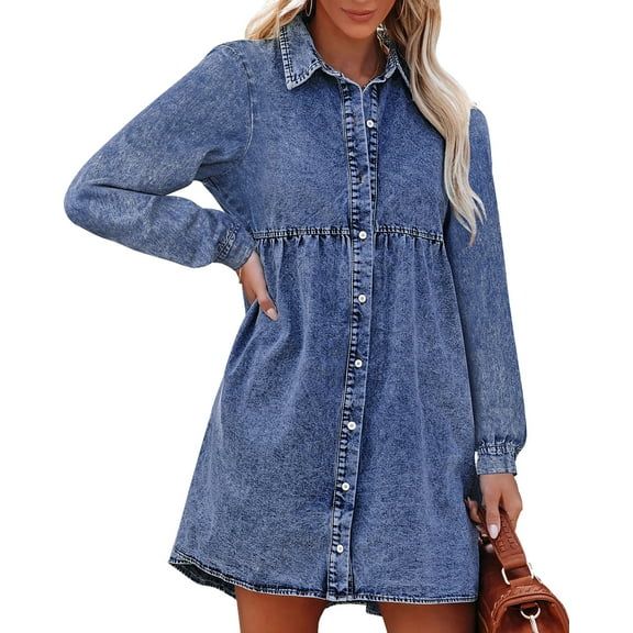 luvamia Denim Dress for Women Babydoll Long Sleeve Shirt Sleeve Mini Dresses Loose Flowy Dress Size M Fit Size 8 Size 10