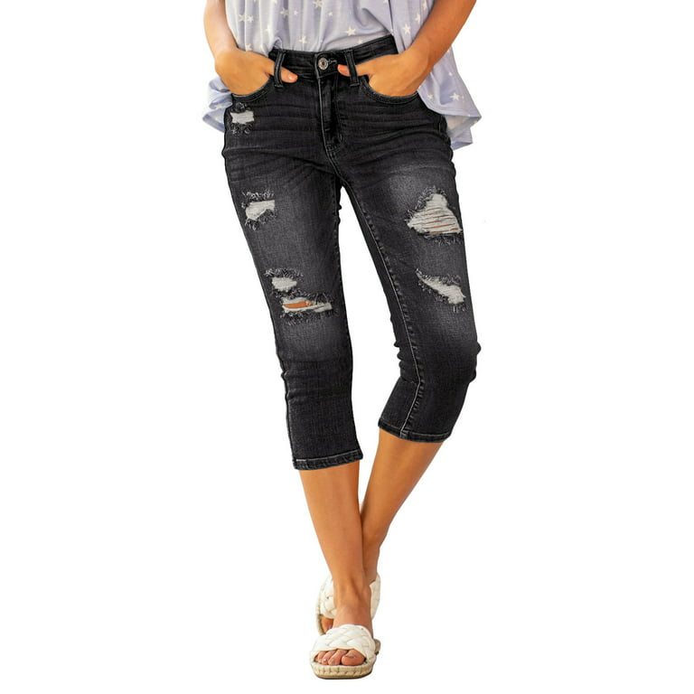luvamia High Waist Ripped Hole Jeans for Women Casual Stretch Distressed  Denim Capri Pants, L, Fit Size 12 Size 14 