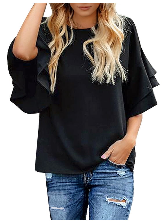 Ladies Stylish Crewneck Blouses 3/4 Tiered Bell Sleeve Loose Tops