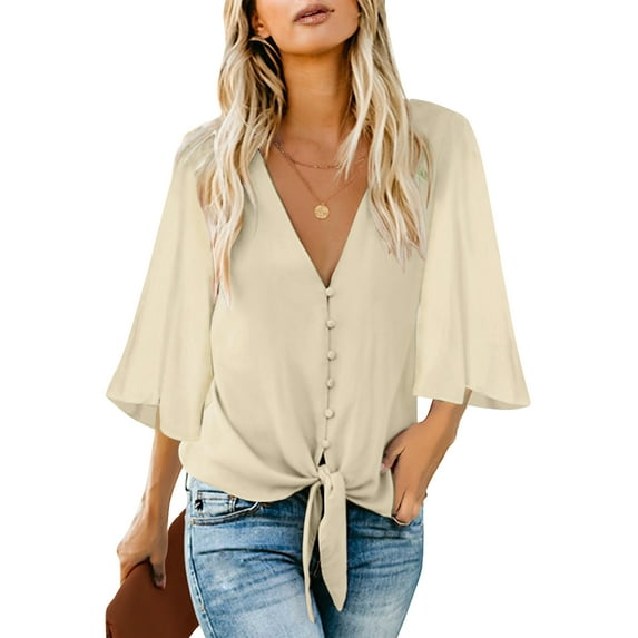 luvamia Ladies Summer V Neck Tops 3/4 Crop Sleeves Tie Knot Blouses Size 2XL Beige