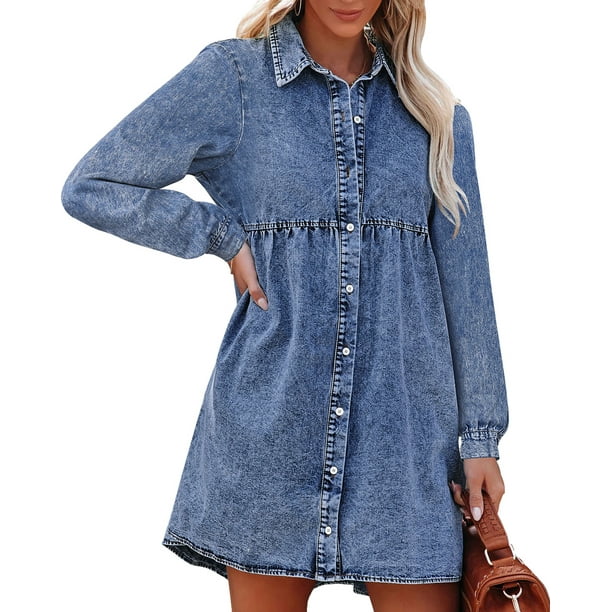 luvamia Women Casual Dresses Denim Shirt Dress Long Sleeve Button