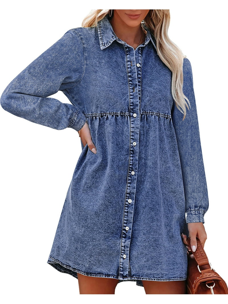 luvamia Women Casual Dresses Denim Shirt Dress Long Sleeve Button
