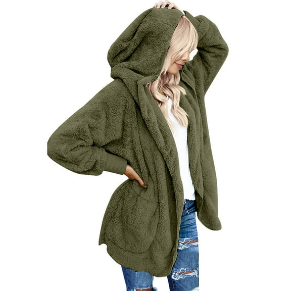 luvamia Women Casual Fuzzy Fleece Hooded Cardigan Pocket Faux Fur Outerwear Coat Size S-2XL