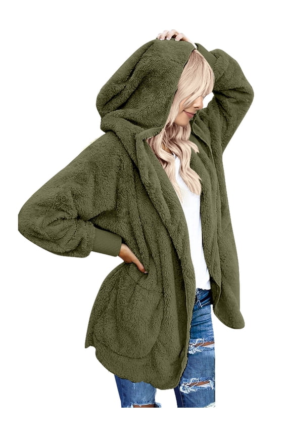 Women Casual Fuzzy Fleece Hooded Cardigan Pocket Faux Fur Outerwear Coat Size S-2XL
