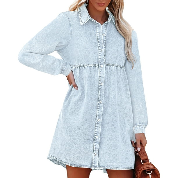luvamia Women Denim Dress Long Sleeve Button Down Knee Length Babydoll Jean  Dress Roadknight Blue Size XL Fit Size 16 Size 18 - Walmart Business  Supplies