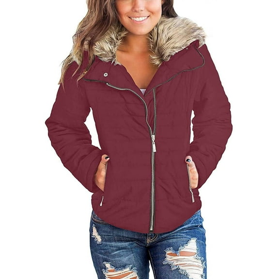 luvamia Women Parka Coat Pockets Quilted Puffer Jacket with Faux Fur Lapel, Size S-2XL