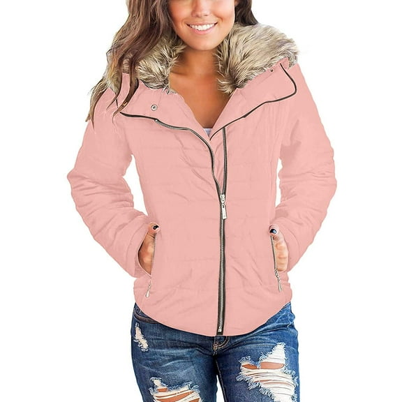 luvamia Women Parka Coat Pockets Quilted Puffer Jacket with Faux Fur Lapel, Size S-2XL
