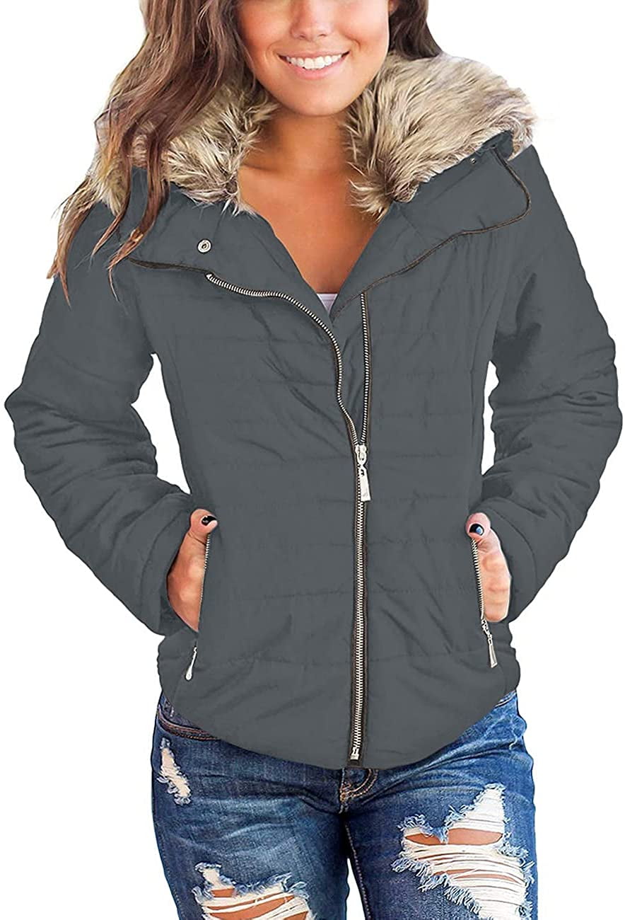luvamia Women Parka Coat Pockets Quilted Puffer Jacket with Faux Fur ...