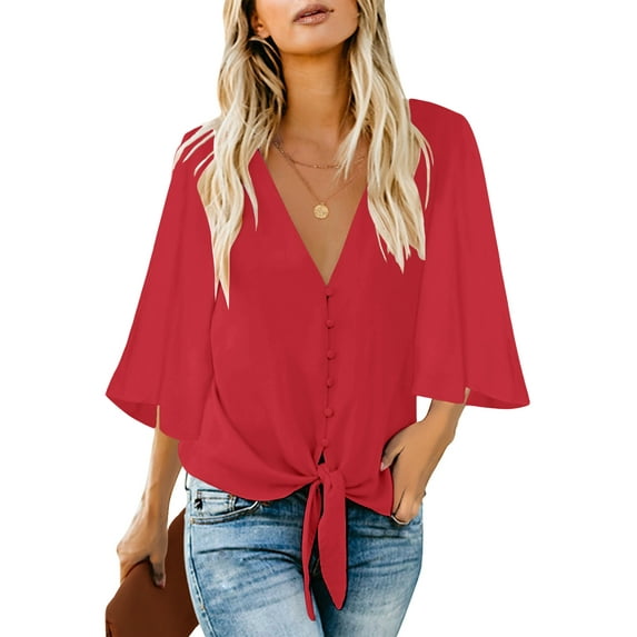 luvamia Women's 3/4 Ruffled Sleeves Button Down Blouses V Neck Summer Tops Lychee Red Size S