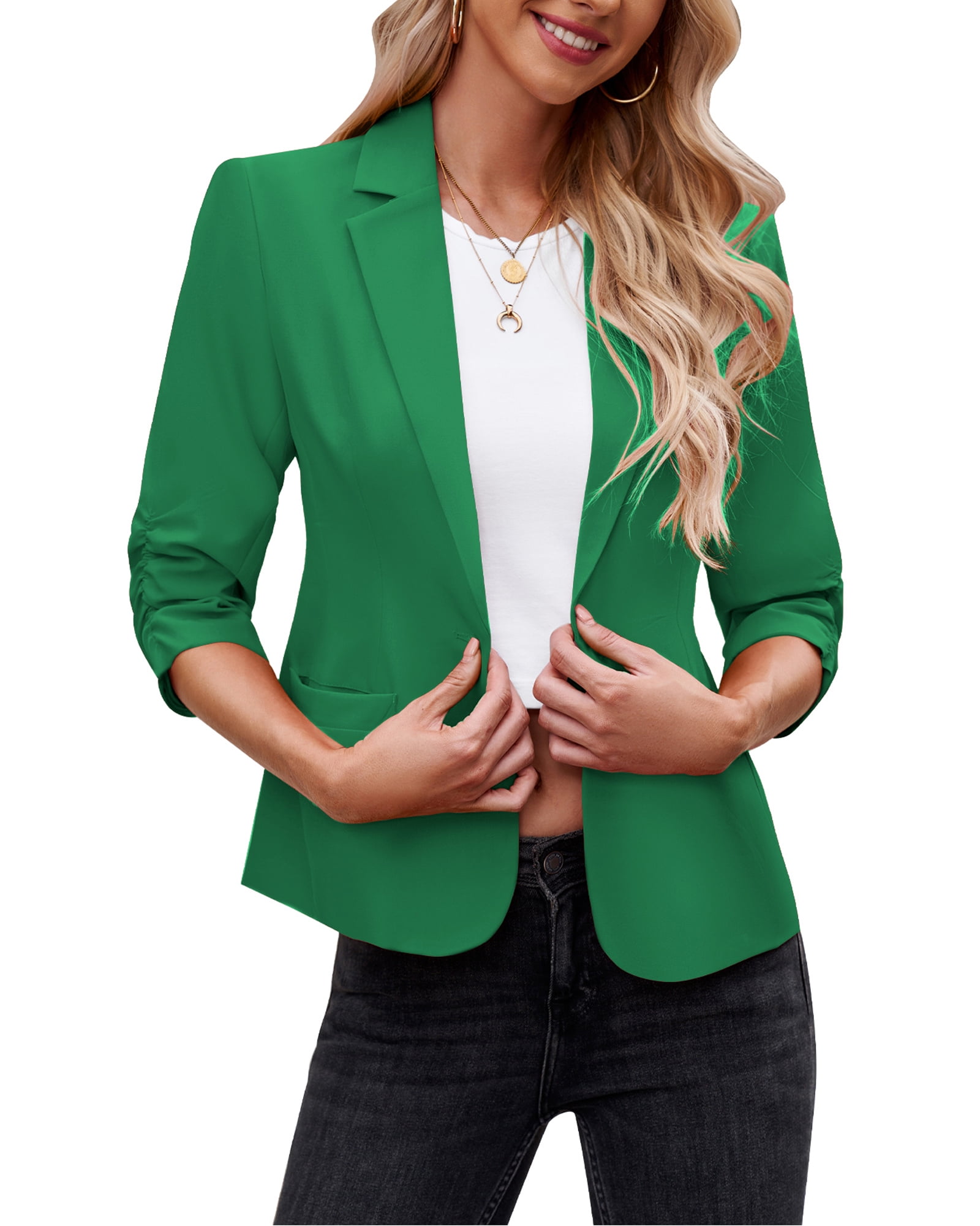 luvamia Women's Blazer 3/4 Ruched Sleeve Padded Shoulder Lightweight Work  Office Blazer Jacket Size M Fit Size 8 Size 10