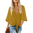 thumbnail image 1 of luvamia Women's Casual 3/4 Bell Sleeves Summer Tops V Neck Blouses Size L Chai Tea Yellow, 1 of 4