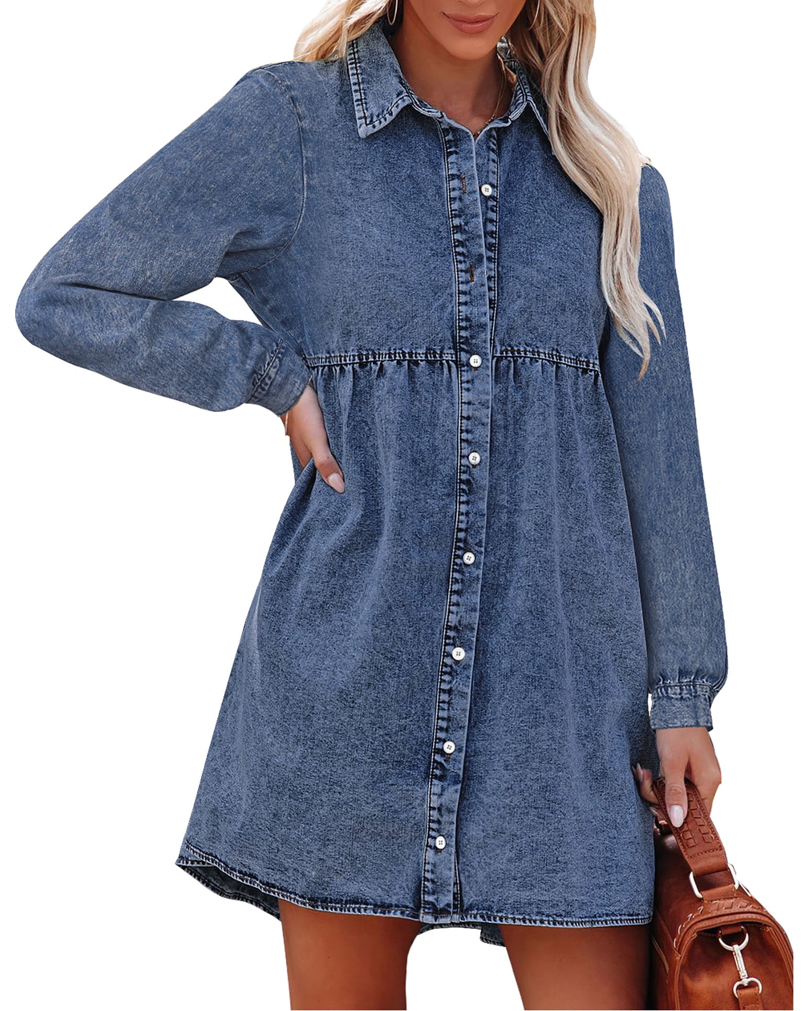 luvamia Women's Casual Long Sleeve Button Down Tiered Blue Jean Dresses for Women  Denim Size M Fit Size 8 Size 10 - Walmart Business Supplies