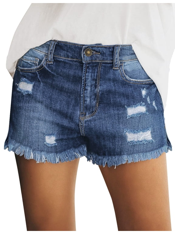 Women's Casual Ripped Denim Jean Shorts Raw Hem Denim Pants Timeless Blue Size S