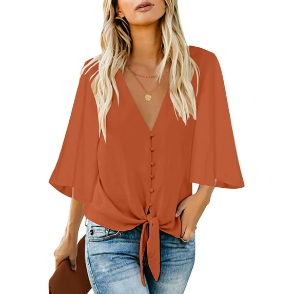 luvamia Women's Casual Summer V Neck Shirts Tie Knot Front Flared Sleeve Blouse Orange Size S