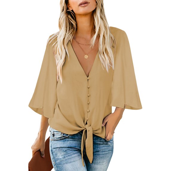 luvamia Women's Casual V Neck Shirts Ruffled 3/4 Sleeves Button Down Shirts Size M New Wheat