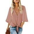 thumbnail image 1 of luvamia Women's Casual V Neck Tops 3/4 Bell Sleeve Tie Knot Pink Blouses Size Large, 1 of 4