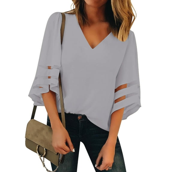 luvamia Women's Cute V Neck Shirts 3/4 Bell Sleeve Mesh Patchwork Casual Tops Size XL