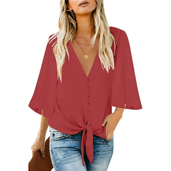 luvamia Women's Deep V Neck Blouses 3/4 Sleeve Tie Knot Blouses Cranberry Size Small Size 4 Size 6