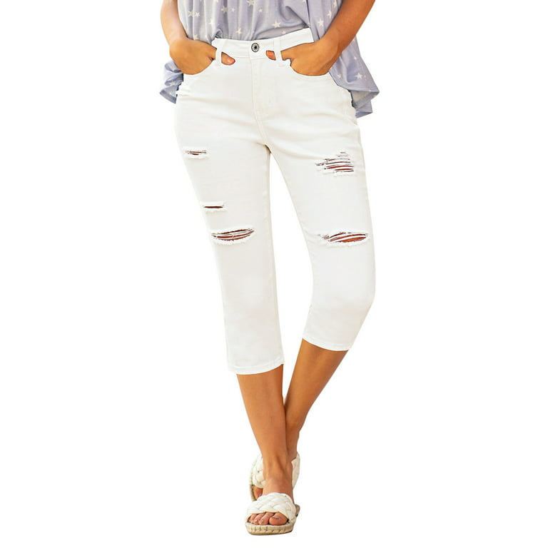 luvamia Women's High Rise Casual Broken Hole Skinny Slim Fit Stretch Denim  Capri Jeans, L, Fit Size 12 Size 14