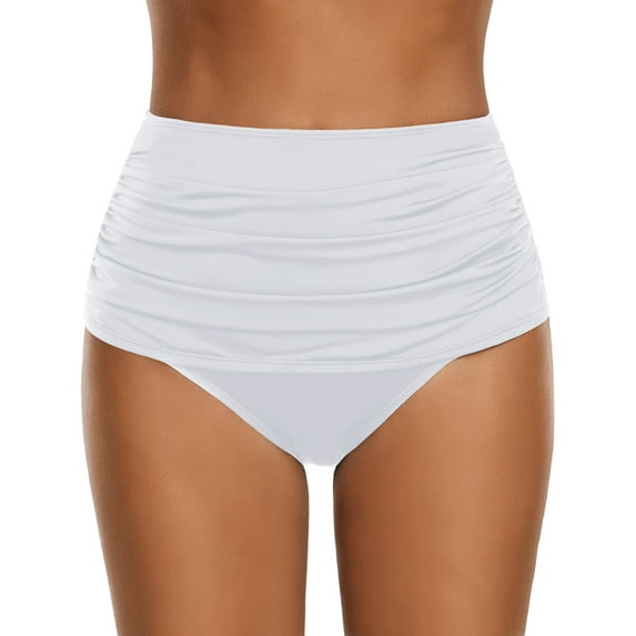 luvamia Women's High Waist Ruched Bikini Bottom Solid Swim Shorts Tankini Brief White Size S Fit Size 4 Size 6