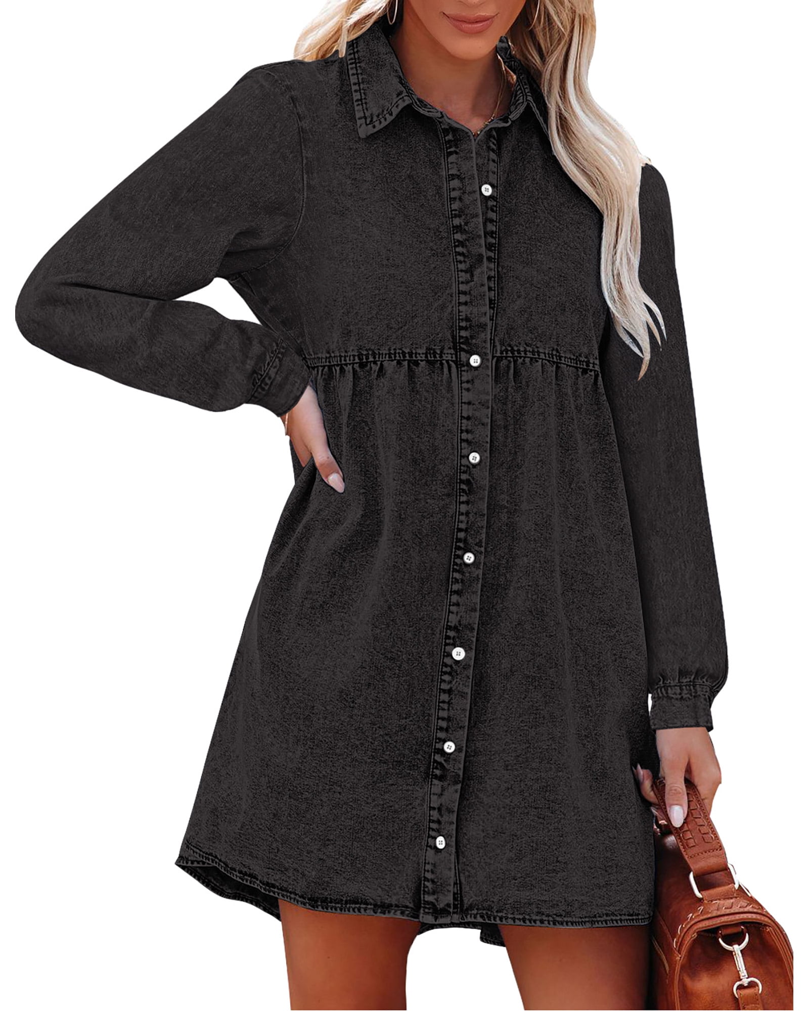 luvamia Women's Long Sleeve Button Down Flowy Tiered Black Babydoll Denim  Dress Fall Dresses for Women Trendy Size XL Fit Size 16 Size 18 -  Walmart.com