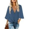 thumbnail image 1 of luvamia Women's Summer Sexy Deep V Neck Tops 3/4 Bell Sleeve Blouses Riverside Blue Size L, 1 of 4