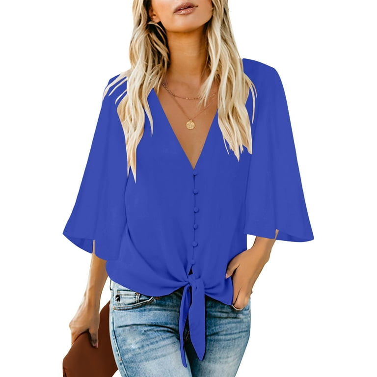 luvamia Women s Summer V Neck Blouses Flowy Button Down Shirts Lapis Blue Tops Size L Walmart