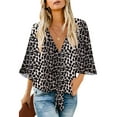 thumbnail image 1 of luvamia Women's Summer V Neck Tops Ruffled 3/4 Sleeve Tie Knot Blouses Leopard Print Size L, 1 of 8