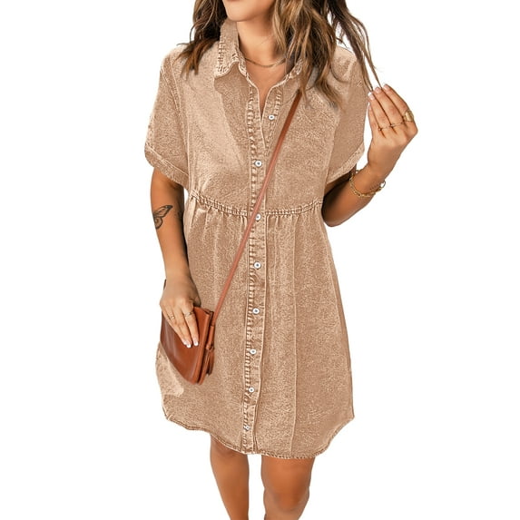 luvamia Women's Sweet Tiered Babydoll Dress Short Sleeve Casual Jean Dress Size L Pecan Brown