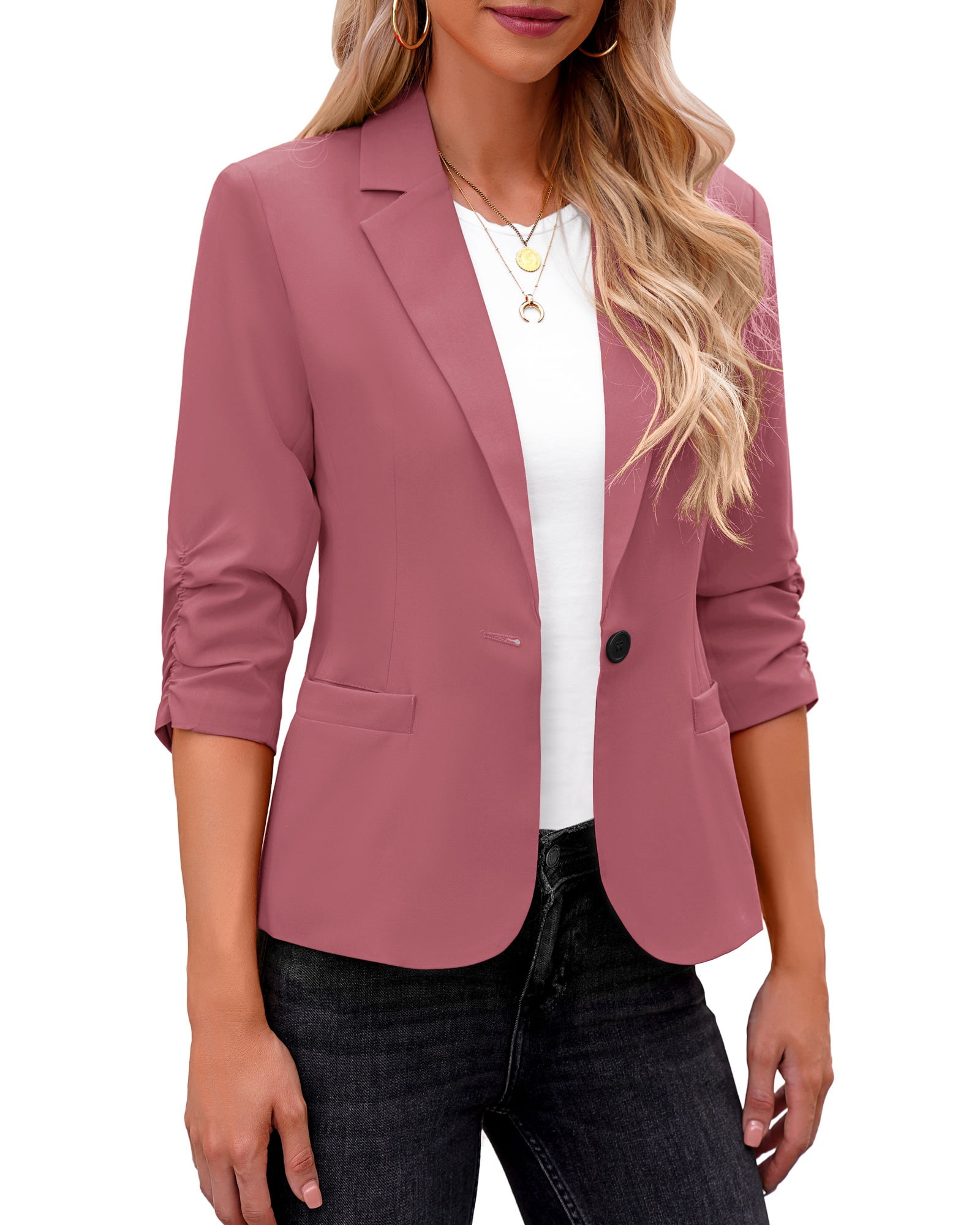 luvamia Womens Blazer Open Front 3/4 Ruffle Sleeve Business Office Jacket  Blazer Dusty Rose Size M Fit Size 8 Size 10