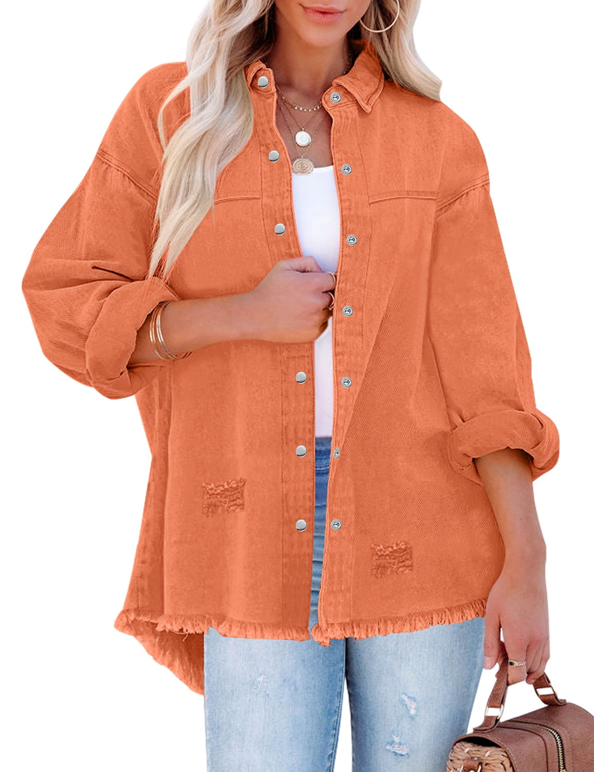 luvamia Womens Denim Jacket Distressed Button Down Jean Shirt For Women Ripped Denim Shacket