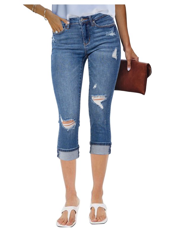 luvamia Womens Ripped Capri Jeans Slim Fit Skinny Stretch Destroyed Denim Capri Pant for Women with Pockets, S-3XL, Fit Size 4-26