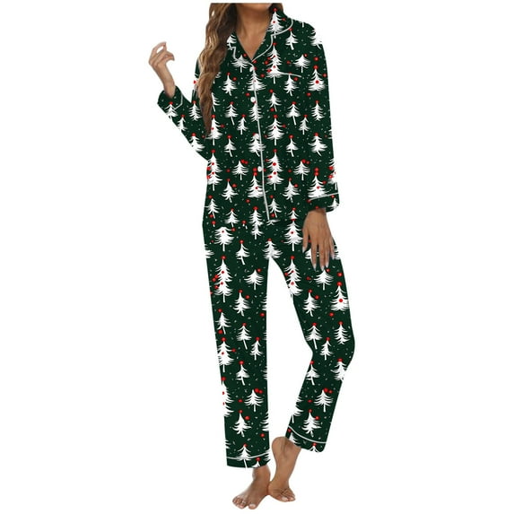 designer pajama sets for women 100% mulberry silk sleepwear Women's Christmas Tree Print Button Pocket Long Sleeve Trousers Home Pajama Set